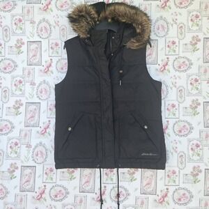 Eddie Bauer Women's Black Puffer Vest Faux Fur Hood Sleeveless Zip Up Size Large